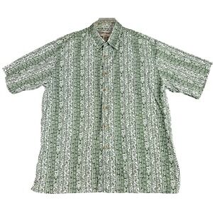 Cooke Street Honolulu Green White Tribal Aloha Hawaiian Shirt L 100% Cotton Camp